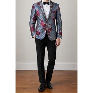 Floral Brocade Blazer Men 38 Blue Red Jacquard Shawl Collar Italian Prom Event